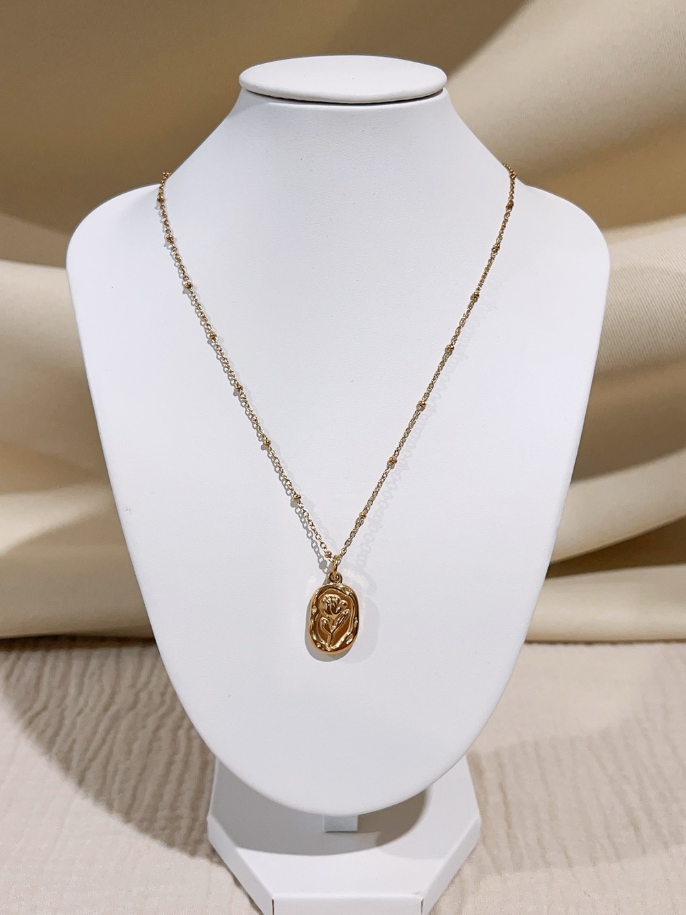Gold Floral Pendant Necklace with Beaded Chain - Women's Jewelry